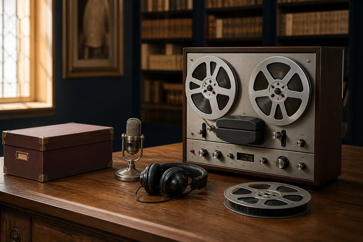 Registratore a bobine, microfono e cuffie in un archivio