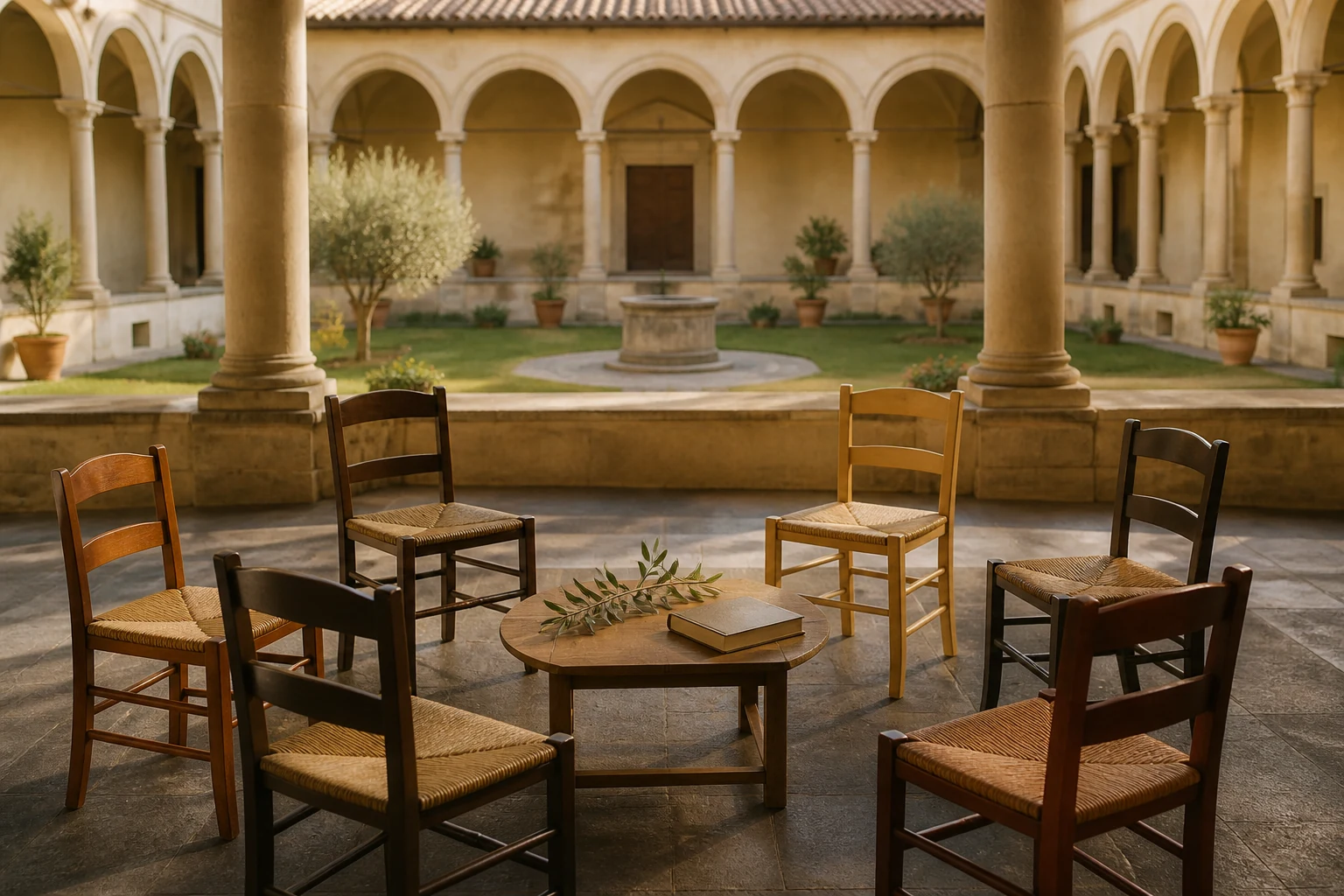 Sedute disposte in cerchio in un chiostro